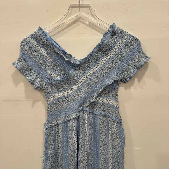 Japna Micro Floral Off The Shoulder Crossfront Wide Leg Jumpsuit Blue Small - Picture 3 of 6